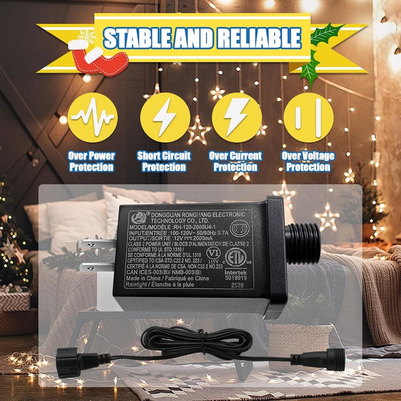 Airoads 12V 2A LED Controller with Extension Cord, 24W Class 2 Power Supply Ip44 Low Voltage Transformer ，Replacement Model RH-120V2000U4-1 for Christmas String Light Inflatable Decorations (12V 2A 1PCS) - Image 5